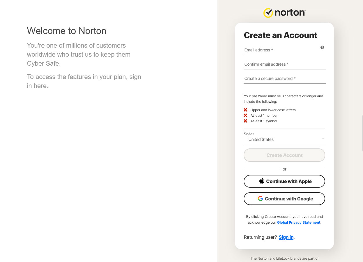 Crear tu cuenta de Norton